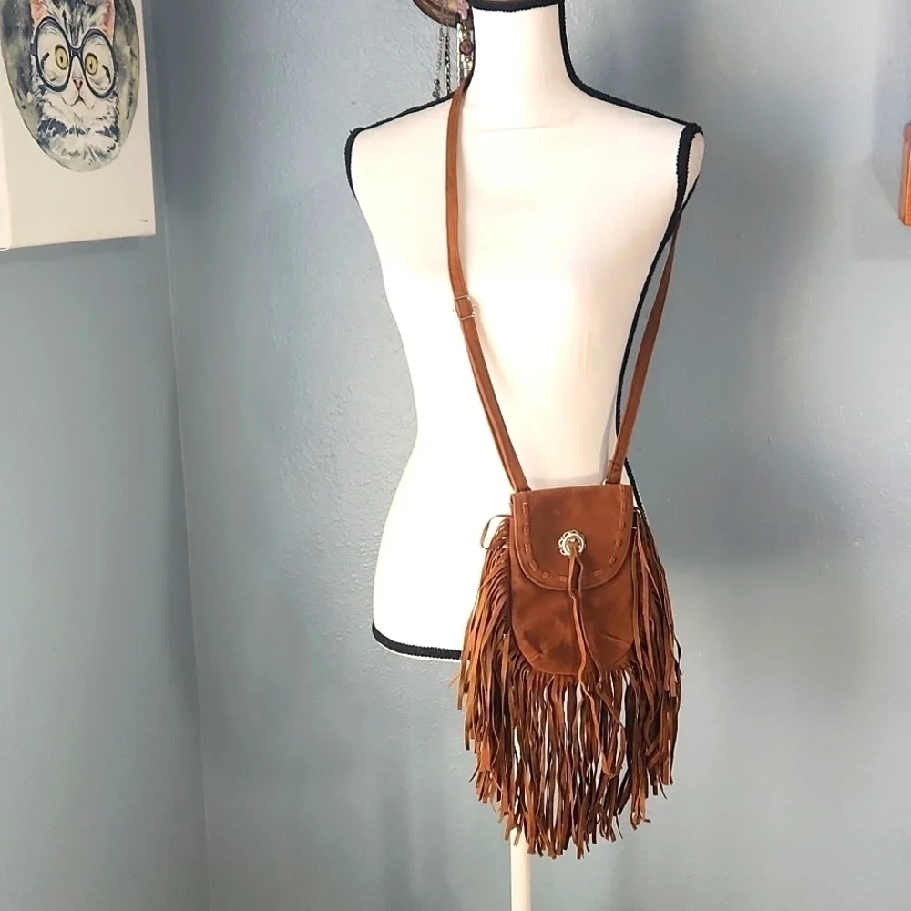 Deb & Dave Fringed Cognac Crossbody Mini Bag - Picture 2 of 4